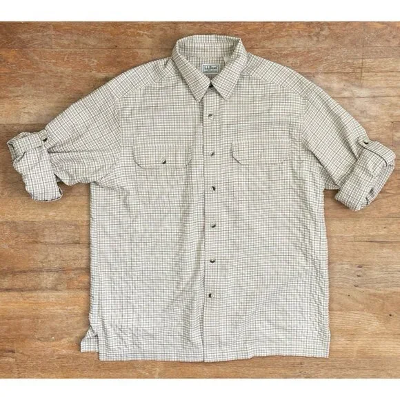 Vintage Mens LL Bean Seersucker Shirt Size Medium 90s Convertible Sleeves Beige - Picture 5 of 6